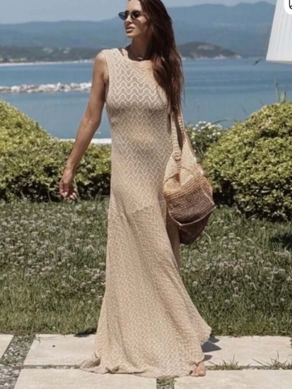 Zara NWT light tan textured Sleeveless Maxi Dress - summer knit semi sheer - Picture 3 of 10